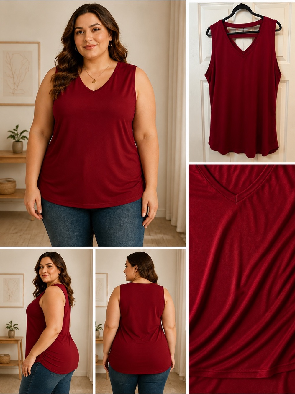 M Fasis Burgundy Sleeveless Top 3X Side Ruched V-Neck Tunic